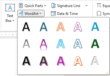 WordArt menu on ribbon in Word